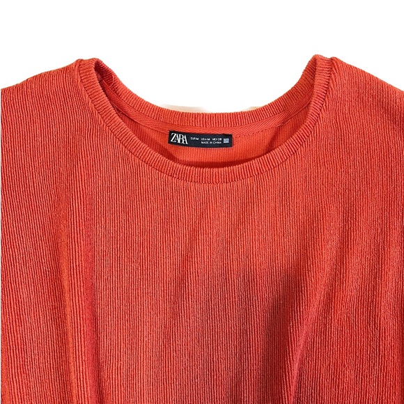 Zara Long Sleeve Drop Shoulder Crew Neck Knit Sweater Orange Sz M Shirred Waist - Picture 3 of 3